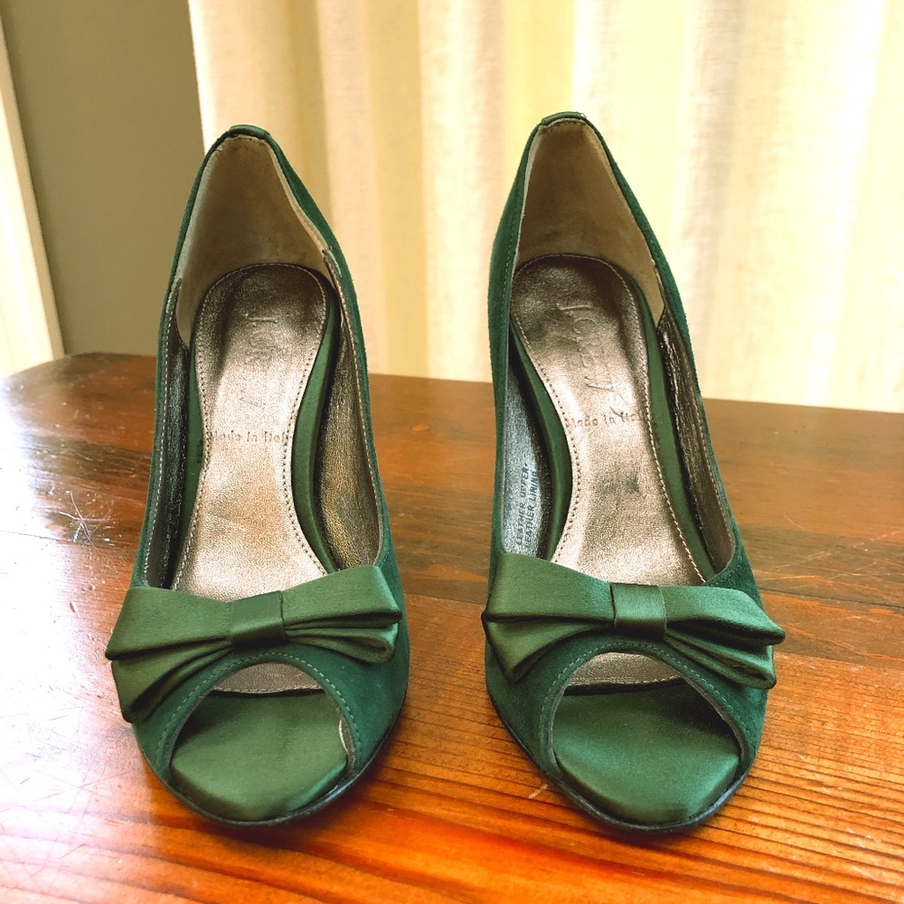 Jcrew Green Suede peep-toe pumps with satin bows.